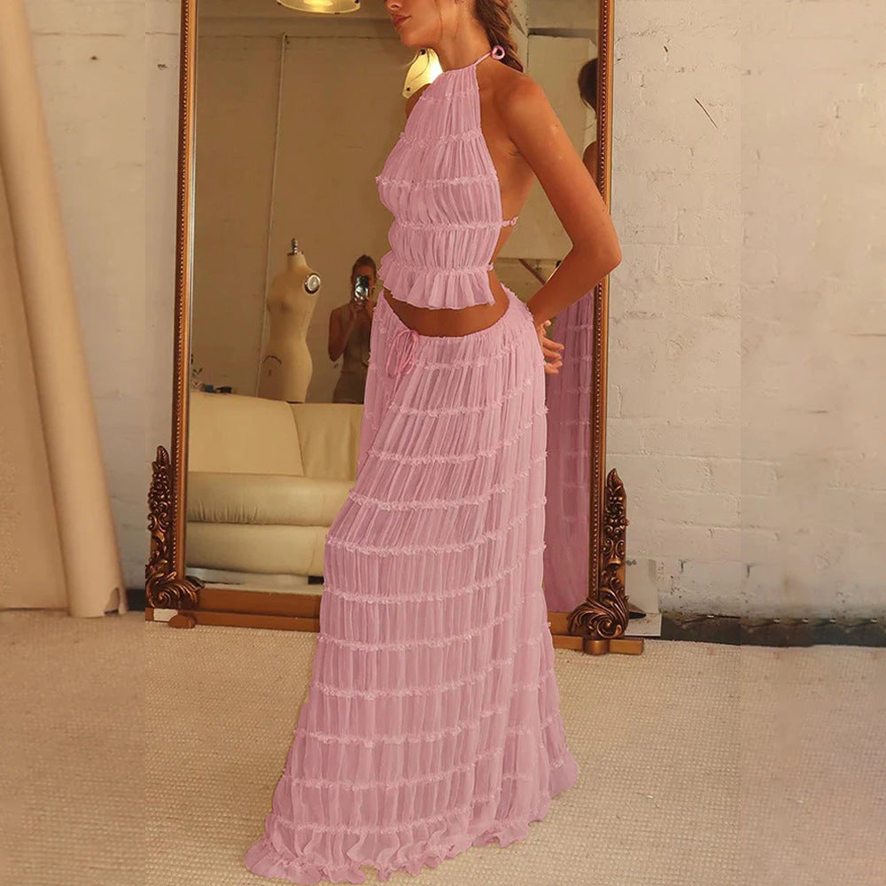 Boho 2 Piece Beach Set – Ruffle Halter Neck Crop Top & Maxi Skirt – Lightweight Summer Holiday Outfit – Various Colours