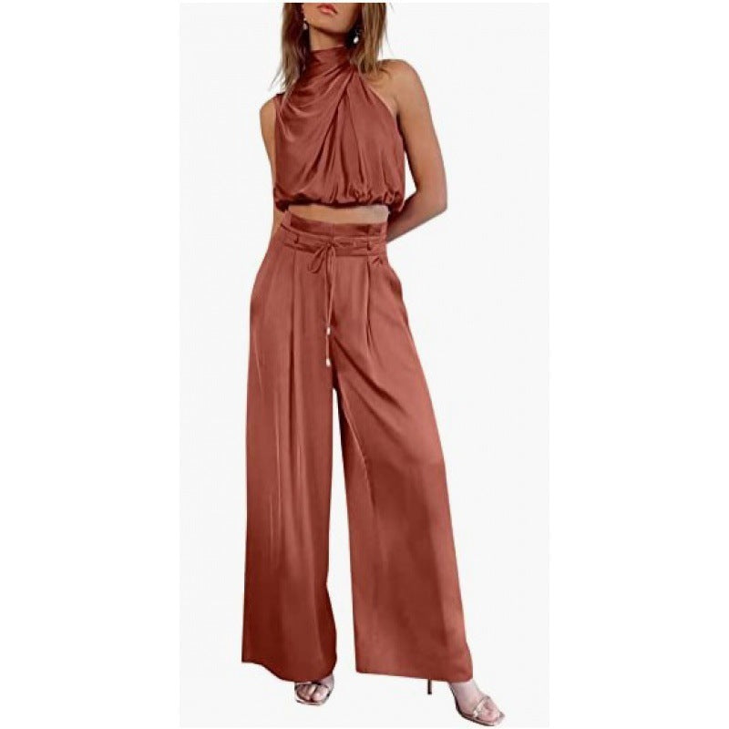 ✨ Women’s Satin 2-Piece Set - Draped Crop Top + Wide Leg High Waist Trousers - Perfect for Party & Evening - Available in Various Colours