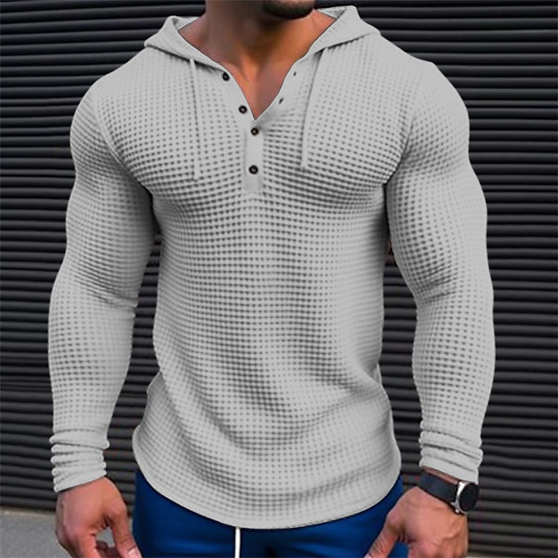 Men’s Textured Long Sleeve Hoodie Henley – Stylish Muscle Fit Pullover Top