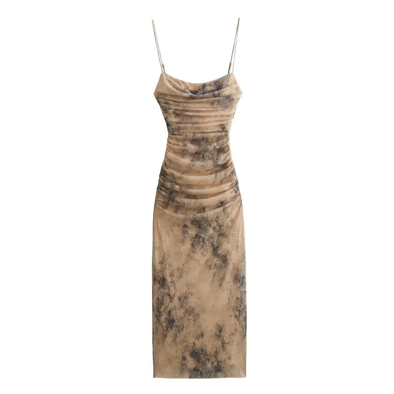 Simple Retro Fashion Silk Net Printing Dress