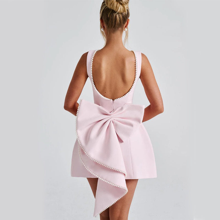 Luxury Bow-Back Mini Dress with Pearl Detailing – Available in Various Colours