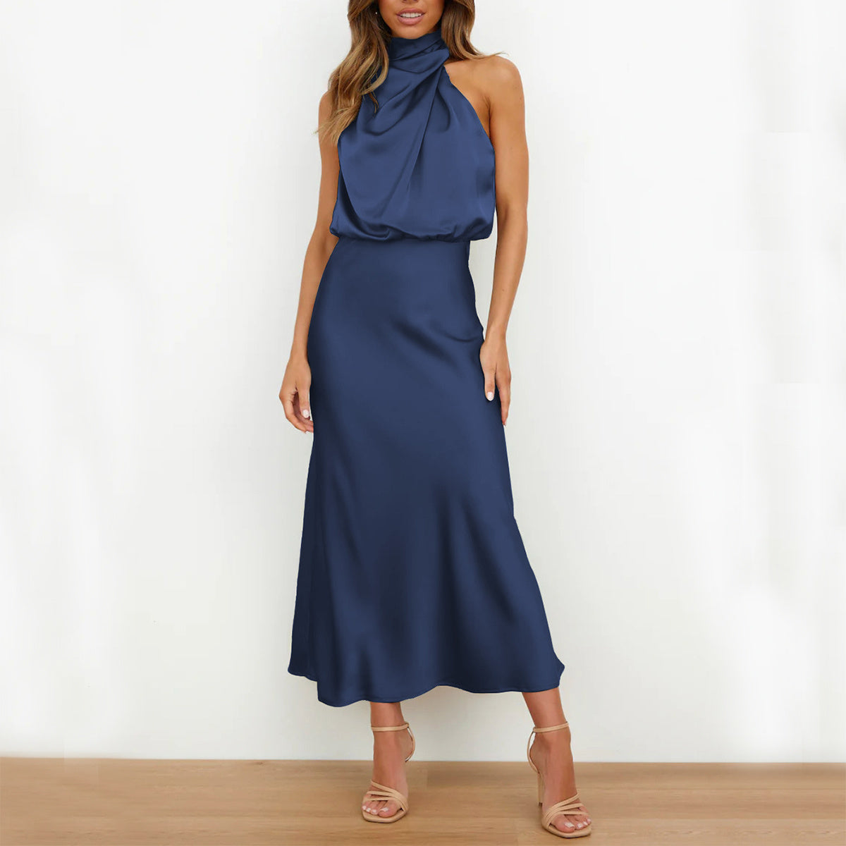 Women’s Elegant Satin High Neck Halter Evening Dress – Sleeveless Midi Dress – Party, Cocktail & Formal Wear – Various Colours