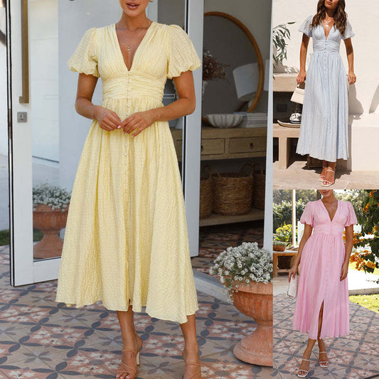 Romantic Puff Sleeve Button-Front Midi Dress – Light & Airy – Various Colours