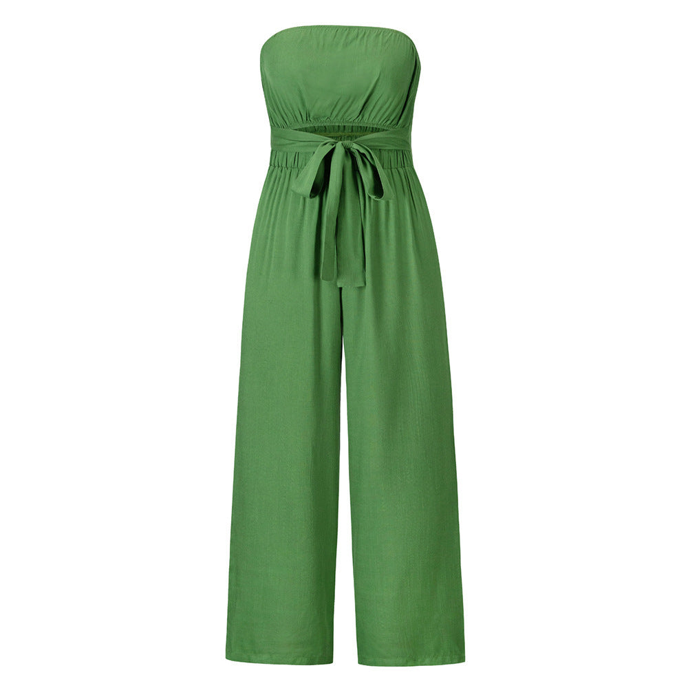 Strapless Wide-Leg Jumpsuit with Waist Tie – Various Colours | Summer Linen-Look Two-Piece Outfit