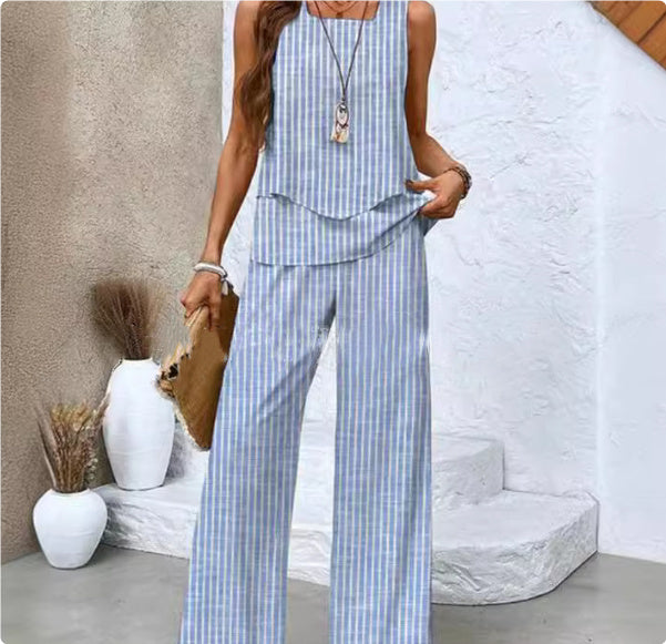 2-Piece Summer Leaf Print Set – Sleeveless Top & Wide Leg Trousers (Various Colours)
