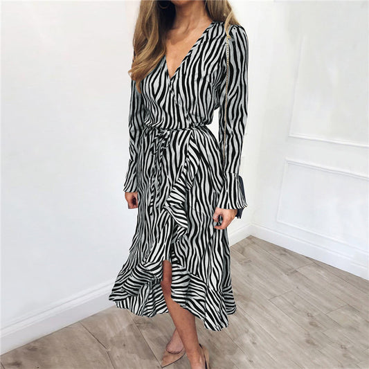 🦓 Bold & Chic Zebra Print Ruffle Midi Wrap Dress – Fierce Elegance for Day to Night Glam 🖤✨