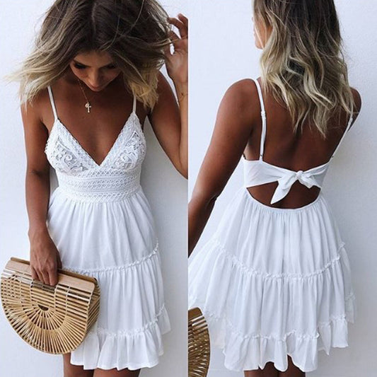 🤍 Coastal Cutie Backless White Mini Dress – Lace Detail, Tie Back & Summer Vibes 🌴☀️