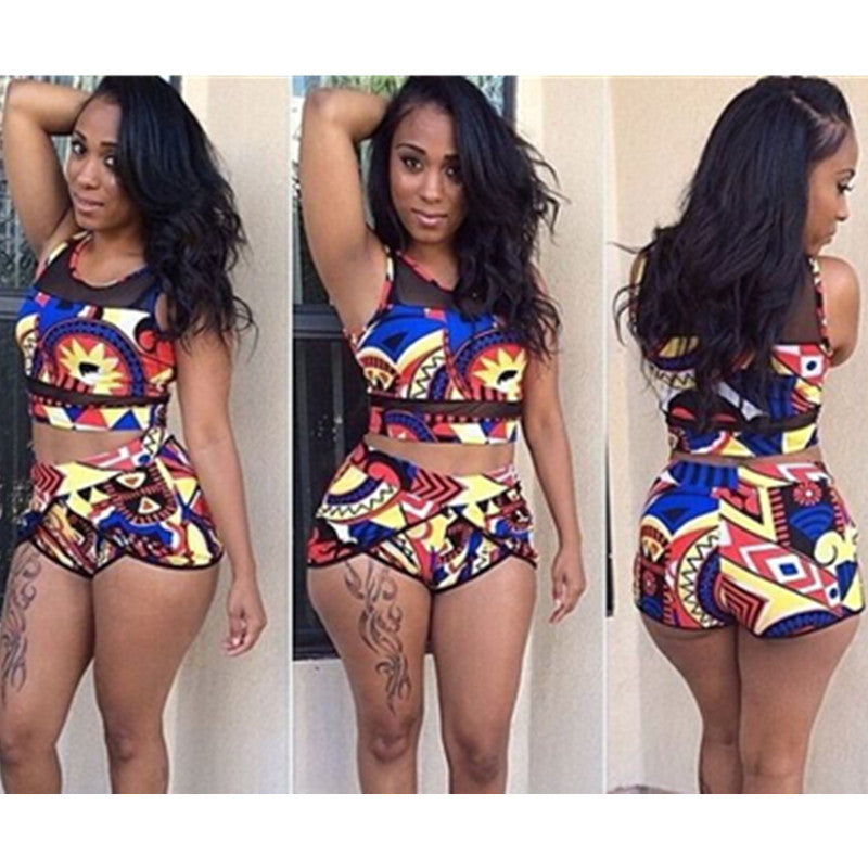 New style plus large size split bikini swimsuit mesh stitching printing high waist women's swimwear