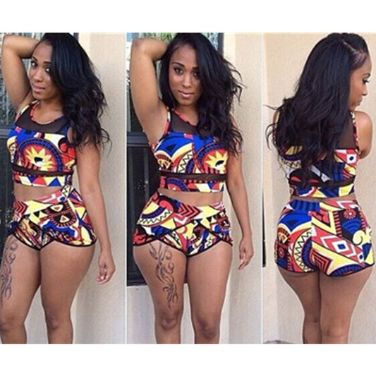 New style plus large size split bikini swimsuit mesh stitching printing high waist women's swimwear