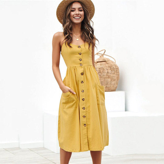 🌞 Sunshine-Ready Button-Front Midi Sundress with Pockets – Summer Favourite
