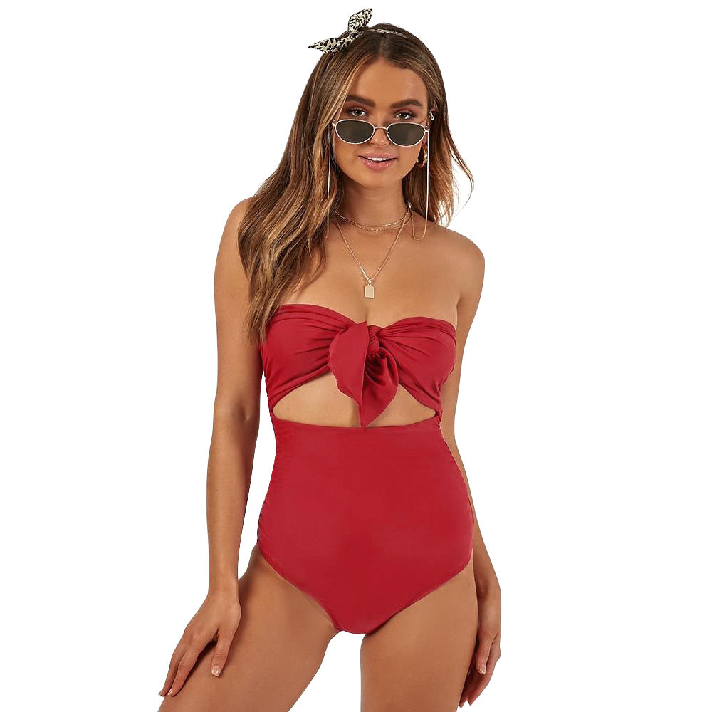 Hot style swimwear high waist knotted tube top sexy swimsuit ladies one-piece swimsuit