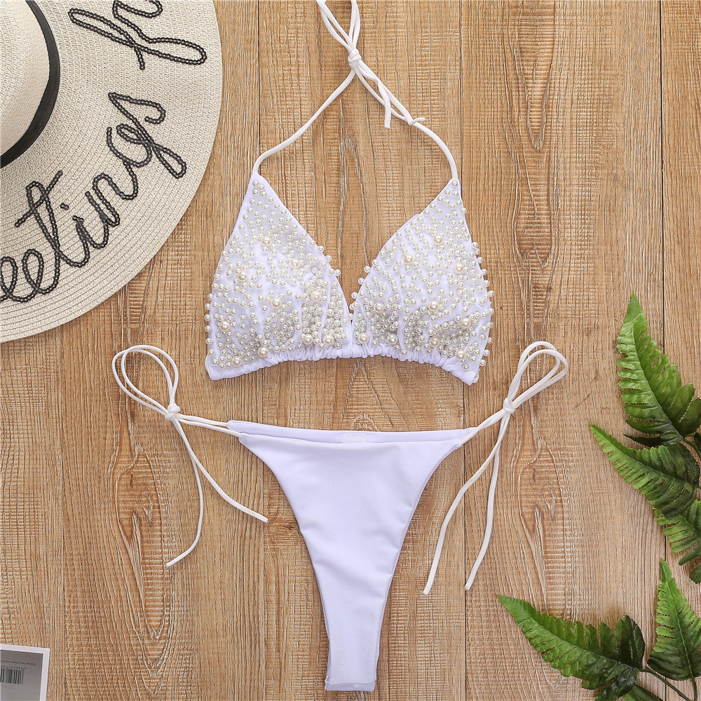 Luxury Pearl Bikini Set – Triangle Top & Tie-Side Bottom – Beach & Pool Party Essential – Various Colours