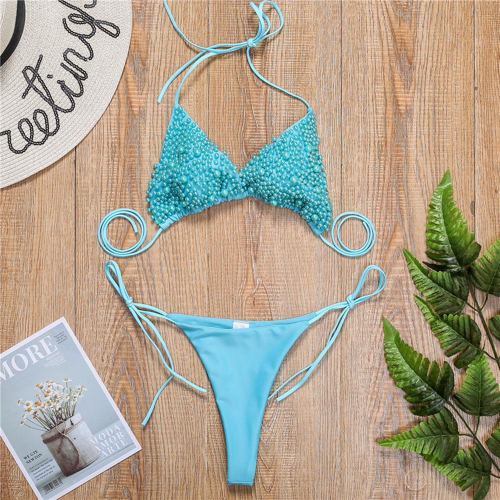 Luxury Pearl Bikini Set – Triangle Top & Tie-Side Bottom – Beach & Pool Party Essential – Various Colours