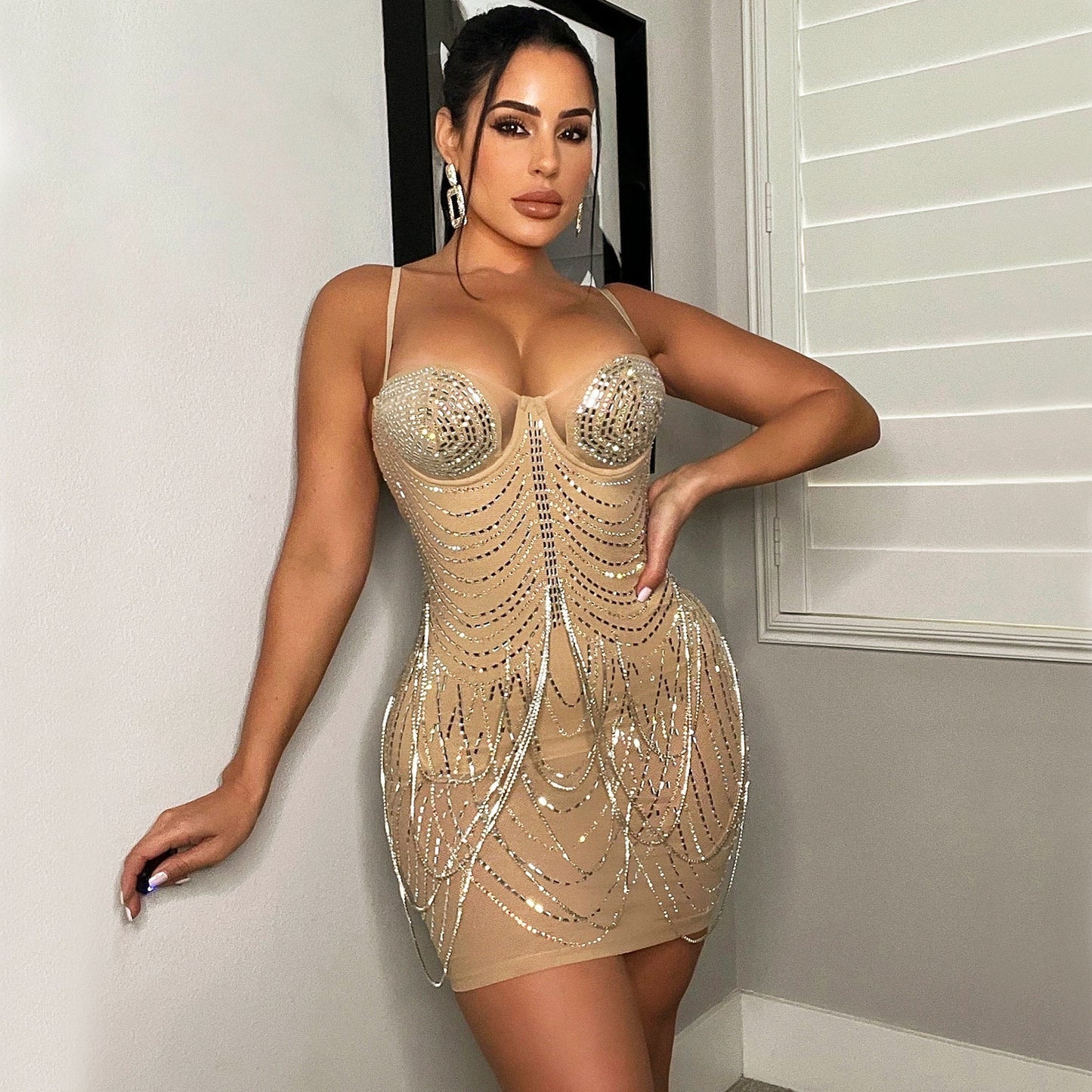 Crystal Rhinestone Mesh Corset Mini Dress – Nude | Bodycon Sparkle Party Dress with Cups