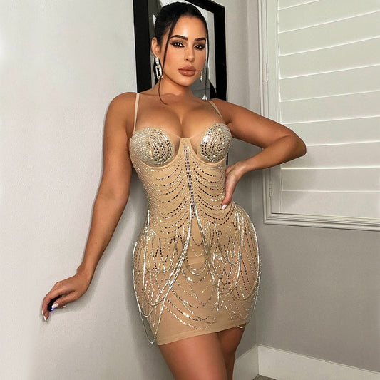Crystal Rhinestone Mesh Corset Mini Dress – Nude | Bodycon Sparkle Party Dress with Cups