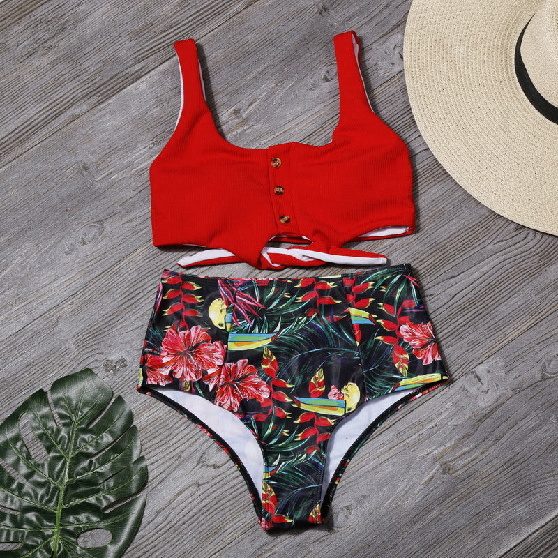 High-waisted swimwear leaf printing sexy bikini split swimsuit