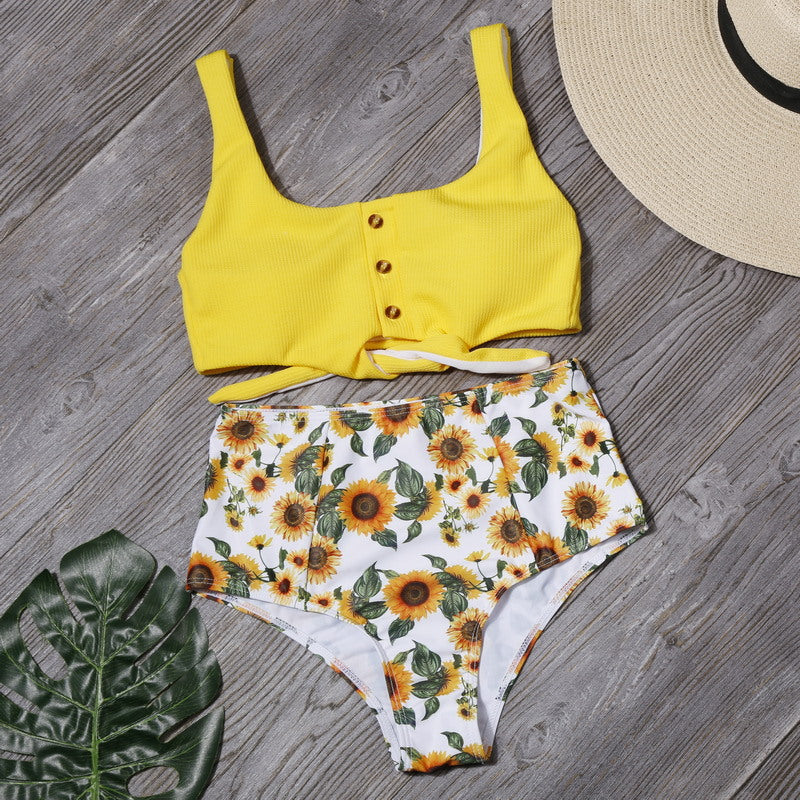High-waisted swimwear leaf printing sexy bikini split swimsuit