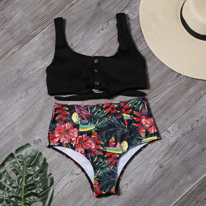 High-waisted swimwear leaf printing sexy bikini split swimsuit