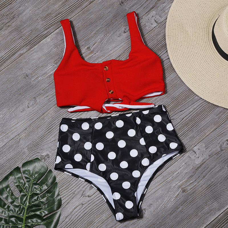High-waisted swimwear leaf printing sexy bikini split swimsuit