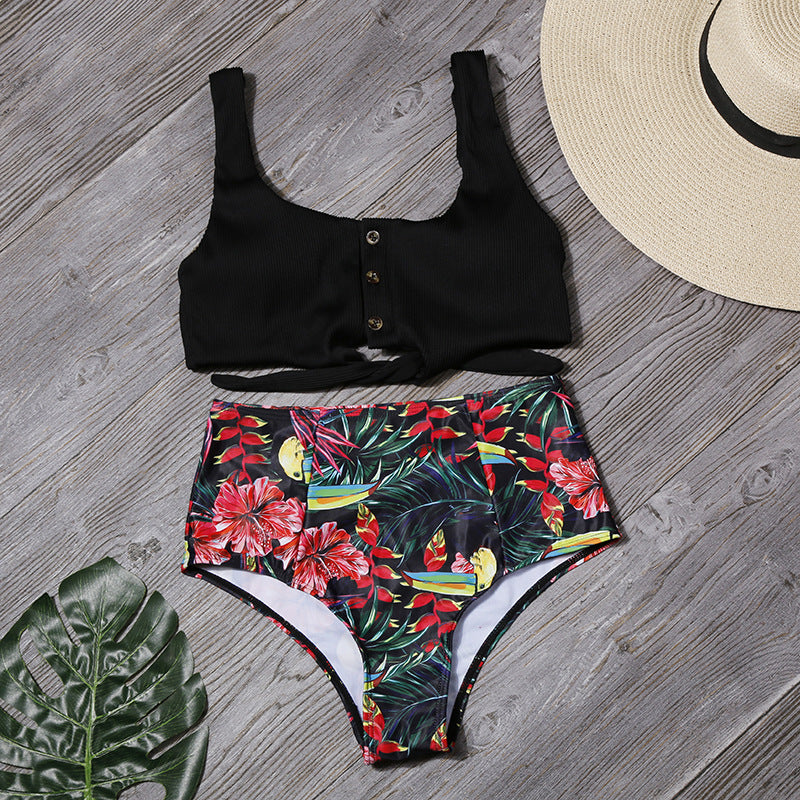 High-waisted swimwear leaf printing sexy bikini split swimsuit