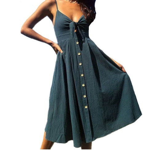 Tie Front Button-Down Midi Sundress – Strappy Summer Dress in Various Colours