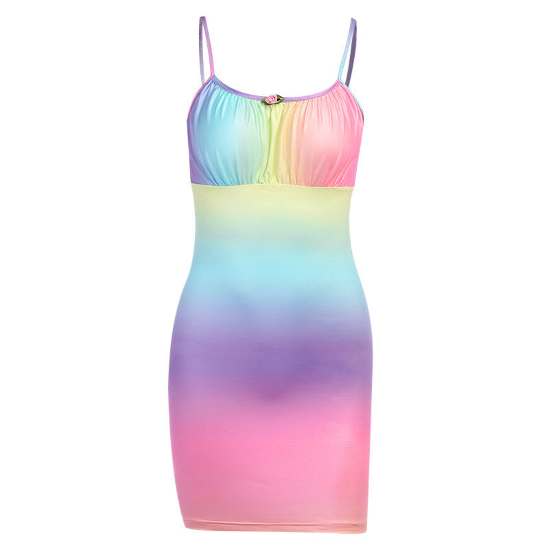 Pastel Rainbow Gradient Bodycon Mini Dress – Sleeveless Summer Spaghetti Strap Look