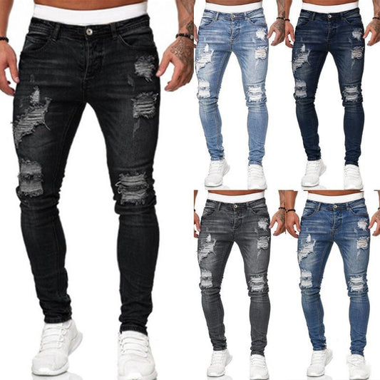 Men's Distressed Slim Fit Denim Jeans – Urban Ripped Style in Various Colours
