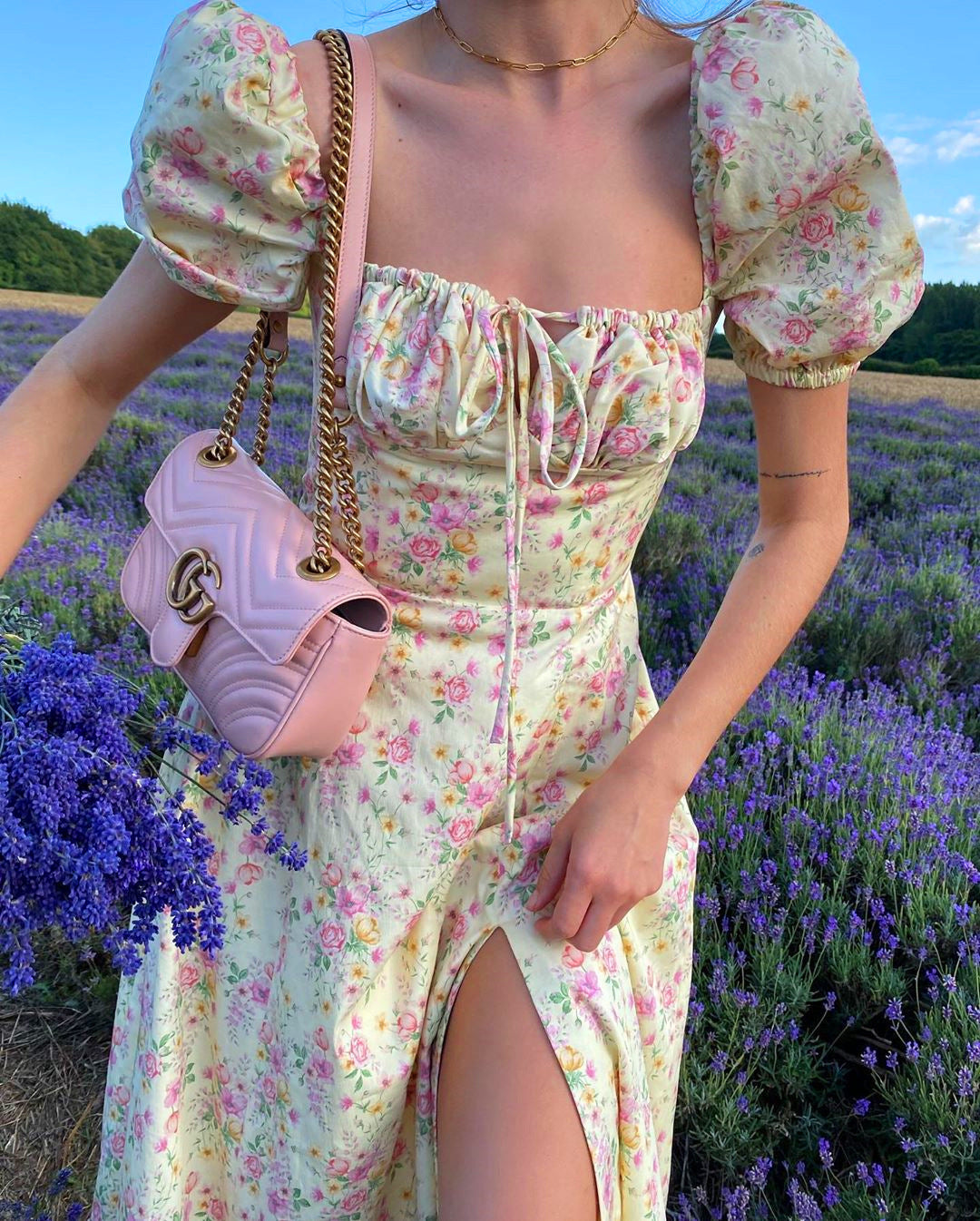 Vintage Blue Floral Puff Sleeve Dress – Elegant Summer Slit Dress in Various Colours