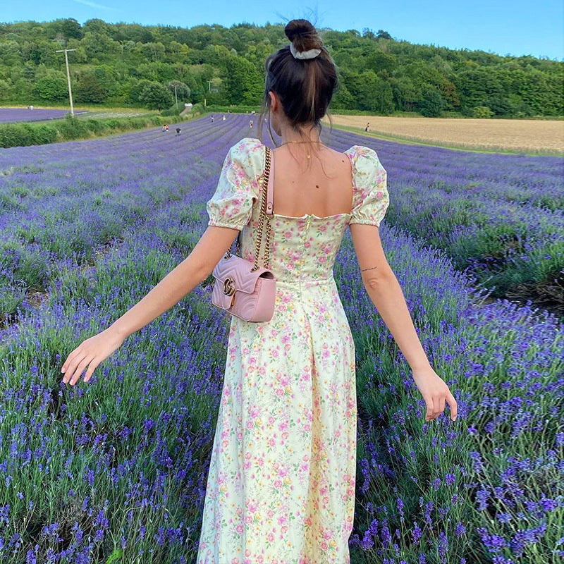 Vintage Blue Floral Puff Sleeve Dress – Elegant Summer Slit Dress in Various Colours