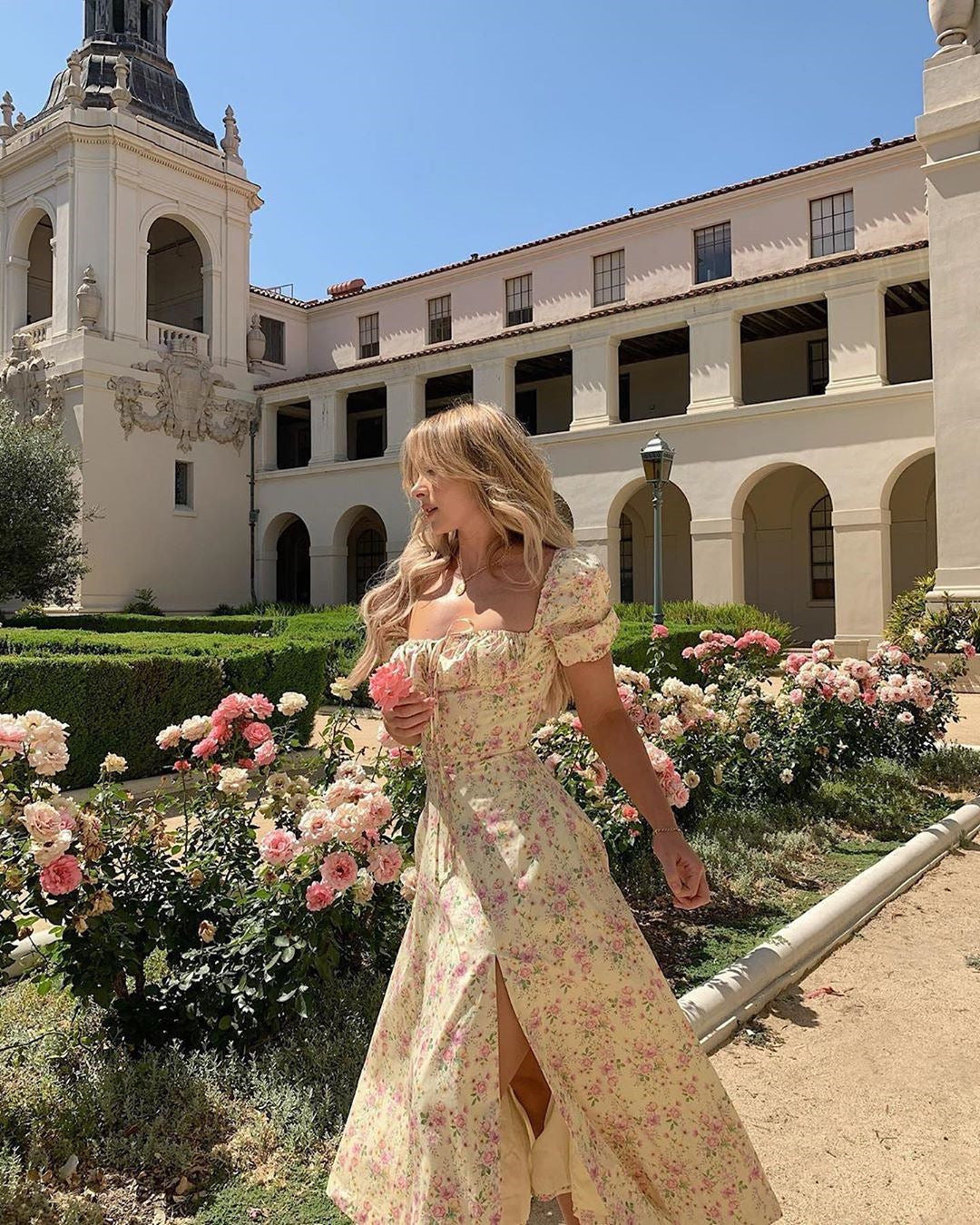 Vintage Blue Floral Puff Sleeve Dress – Elegant Summer Slit Dress in Various Colours
