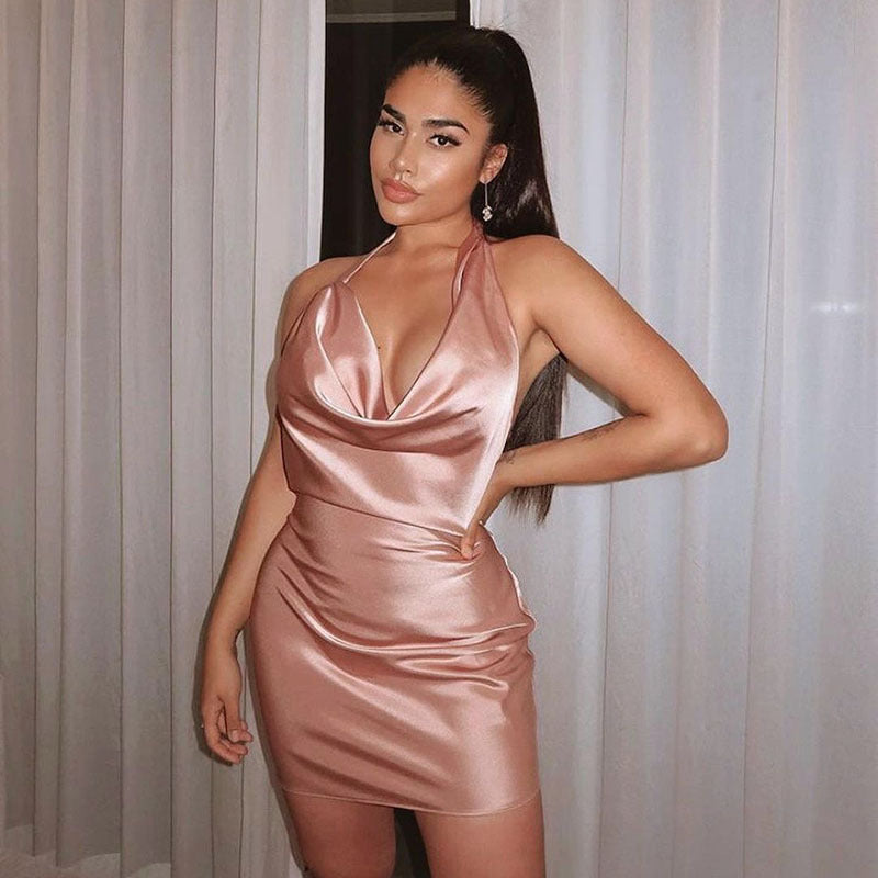 Satin Halter Neck Backless Mini Dress – Elegant Cowl Neck Party Dress | TrendPrints