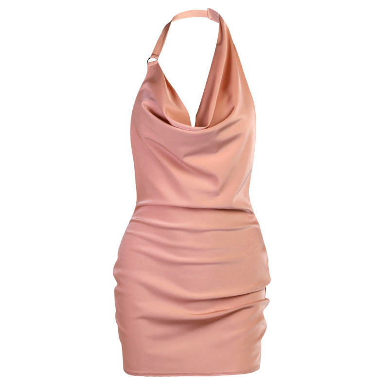 Satin Halter Neck Backless Mini Dress – Elegant Cowl Neck Party Dress | TrendPrints