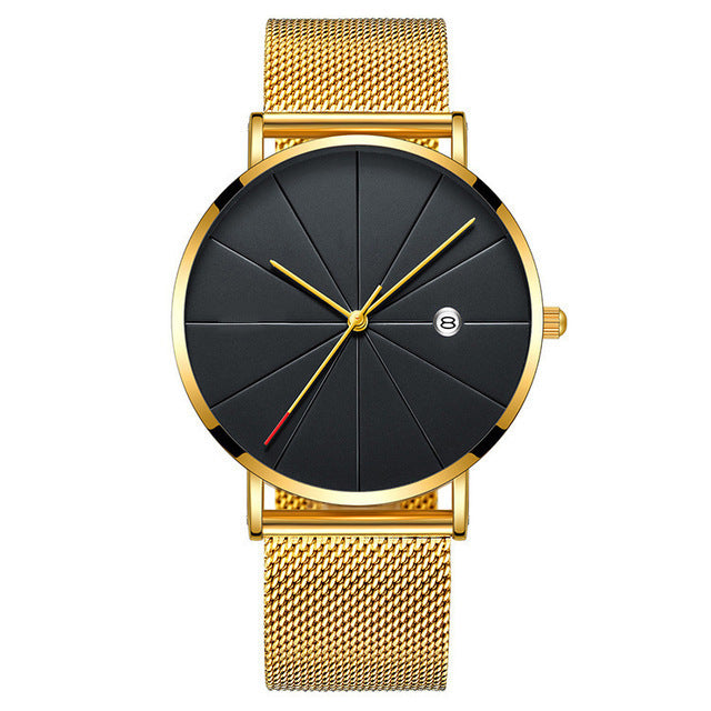 Luxury Gold Mesh Men's Watch | Minimalist Black Dial with Date Feature