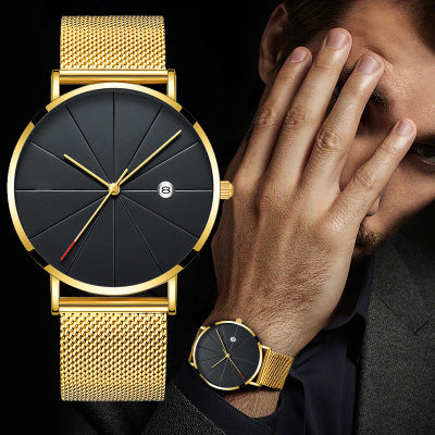 Luxury Gold Mesh Men's Watch | Minimalist Black Dial with Date Feature