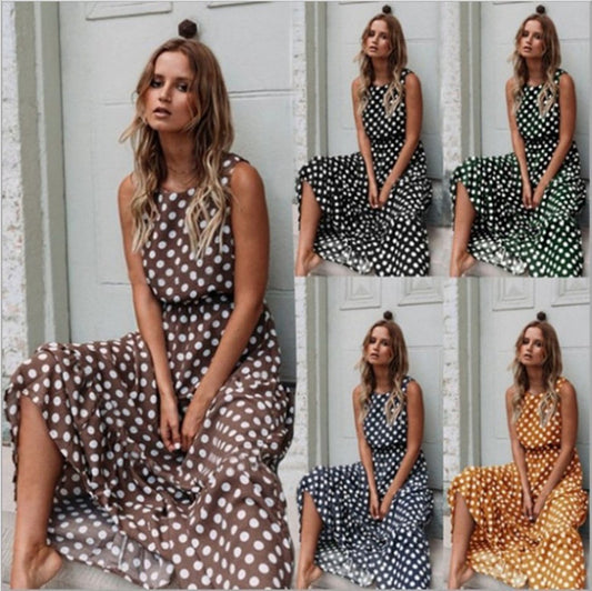 Women’s Polka Dot Sleeveless Maxi Dress – Casual Summer Dress with Belt | Various Colours