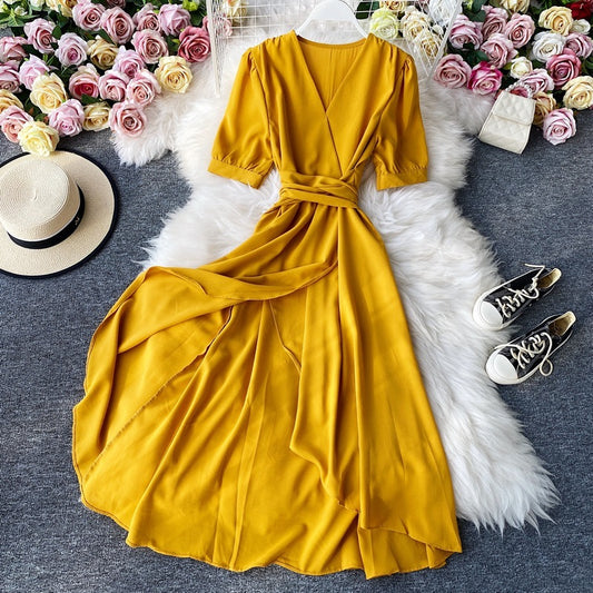 Elegant Mustard Wrap Midi Dress – Flowy Belted V-Neck Dress in Various Colours