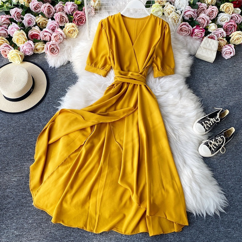 Elegant Mustard Wrap Midi Dress – Flowy Belted V-Neck Dress in Various Colours