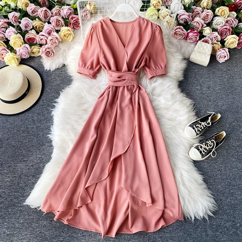 Elegant Mustard Wrap Midi Dress – Flowy Belted V-Neck Dress in Various Colours