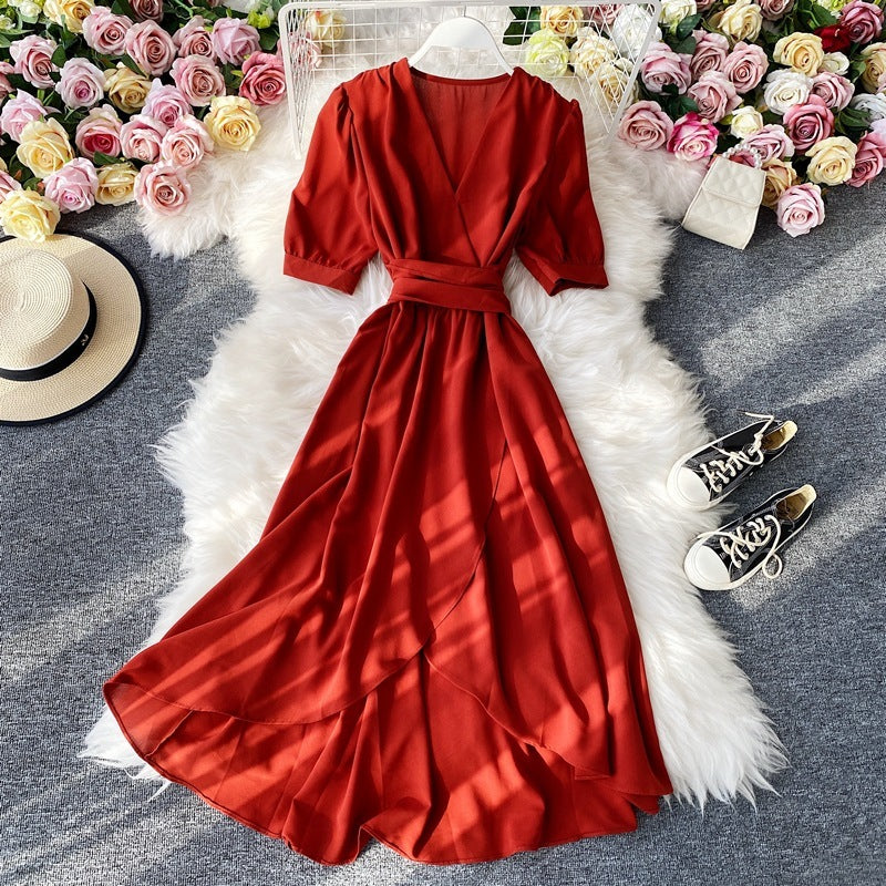 Elegant Mustard Wrap Midi Dress – Flowy Belted V-Neck Dress in Various Colours