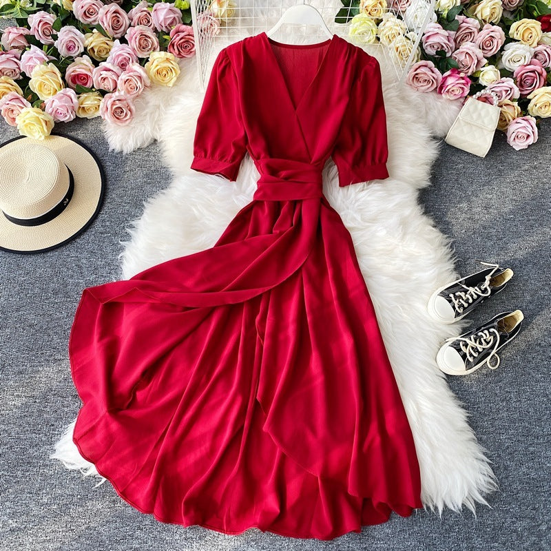 Elegant Mustard Wrap Midi Dress – Flowy Belted V-Neck Dress in Various Colours
