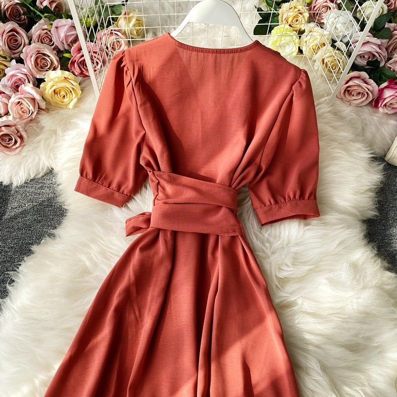Elegant Mustard Wrap Midi Dress – Flowy Belted V-Neck Dress in Various Colours