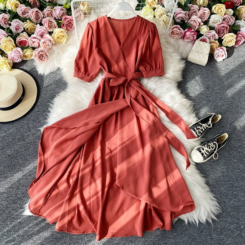 Elegant Mustard Wrap Midi Dress – Flowy Belted V-Neck Dress in Various Colours