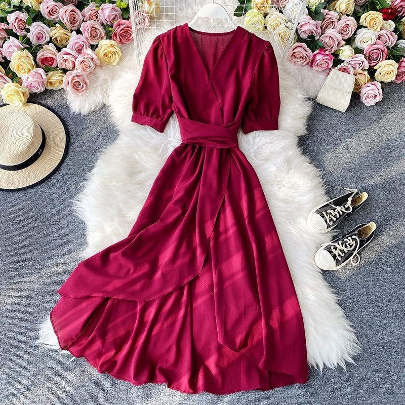 Elegant Mustard Wrap Midi Dress – Flowy Belted V-Neck Dress in Various Colours