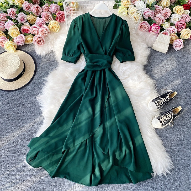 Elegant Mustard Wrap Midi Dress – Flowy Belted V-Neck Dress in Various Colours
