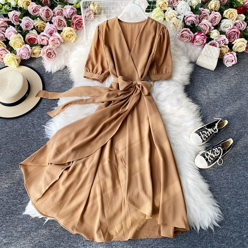 Elegant Mustard Wrap Midi Dress – Flowy Belted V-Neck Dress in Various Colours