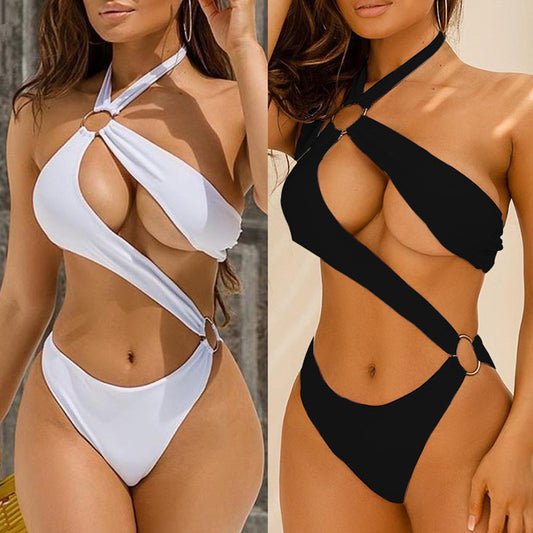 Women’s Sexy Cutout One-Piece Monokini – Halter Neck Asymmetric Swimsuit with Ring Detail | Various Colours