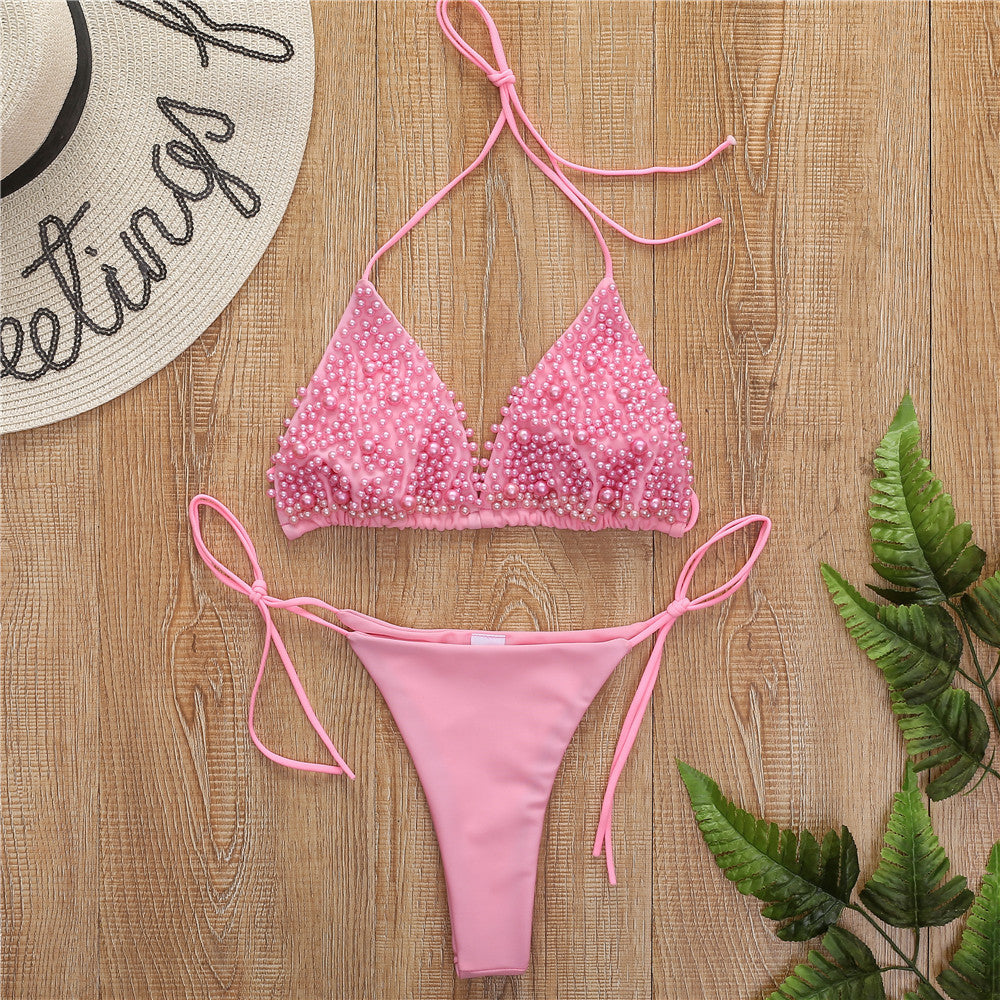 Luxury Pearl Bikini Set – Triangle Top & Tie-Side Bottom – Beach & Pool Party Essential – Various Colours