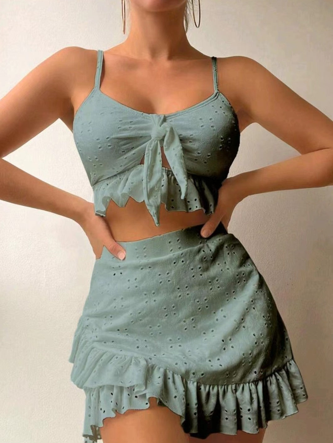 Women’s 3-Piece Summer Co-ord Set – Tie Front Crop Top, Ruffle Skirt & Cover-Up | Various Colours