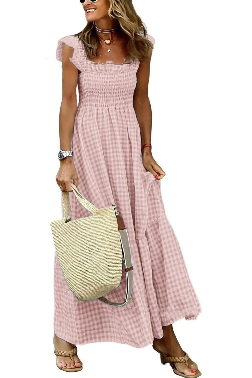Gingham Shirred Maxi Dress with Ruffle Sleeves – Lightweight Summer Style in Various Colours