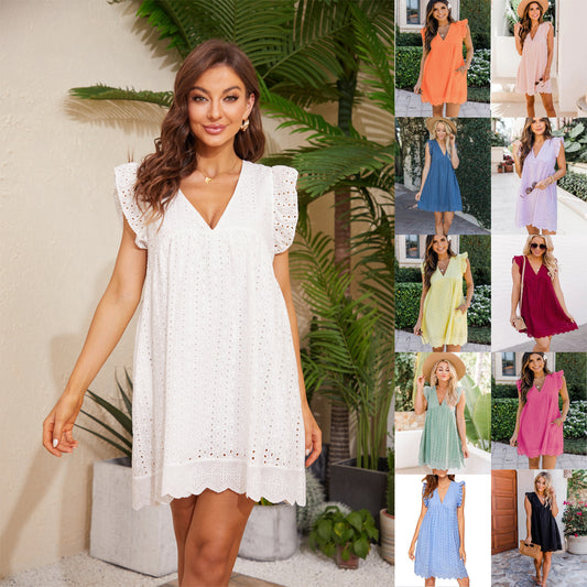 Elegant Eyelet Lace V-Neck Summer Dress – Lightweight, Flowy, and Available in Various Colours